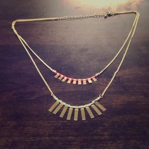 MULTI-STRAND GOLD NECKLACE with BLUE & RED BEADS